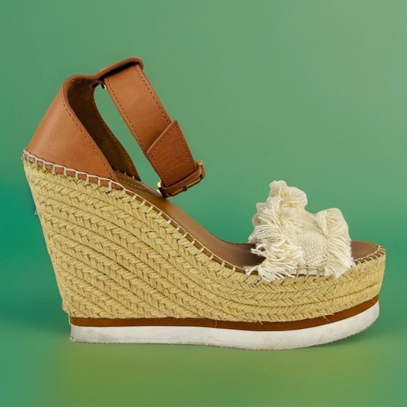 See by Chloe Glyn Ankle Strap Espadrille CHLOÉ Wedge Tartan Sandals US 10 EU 40